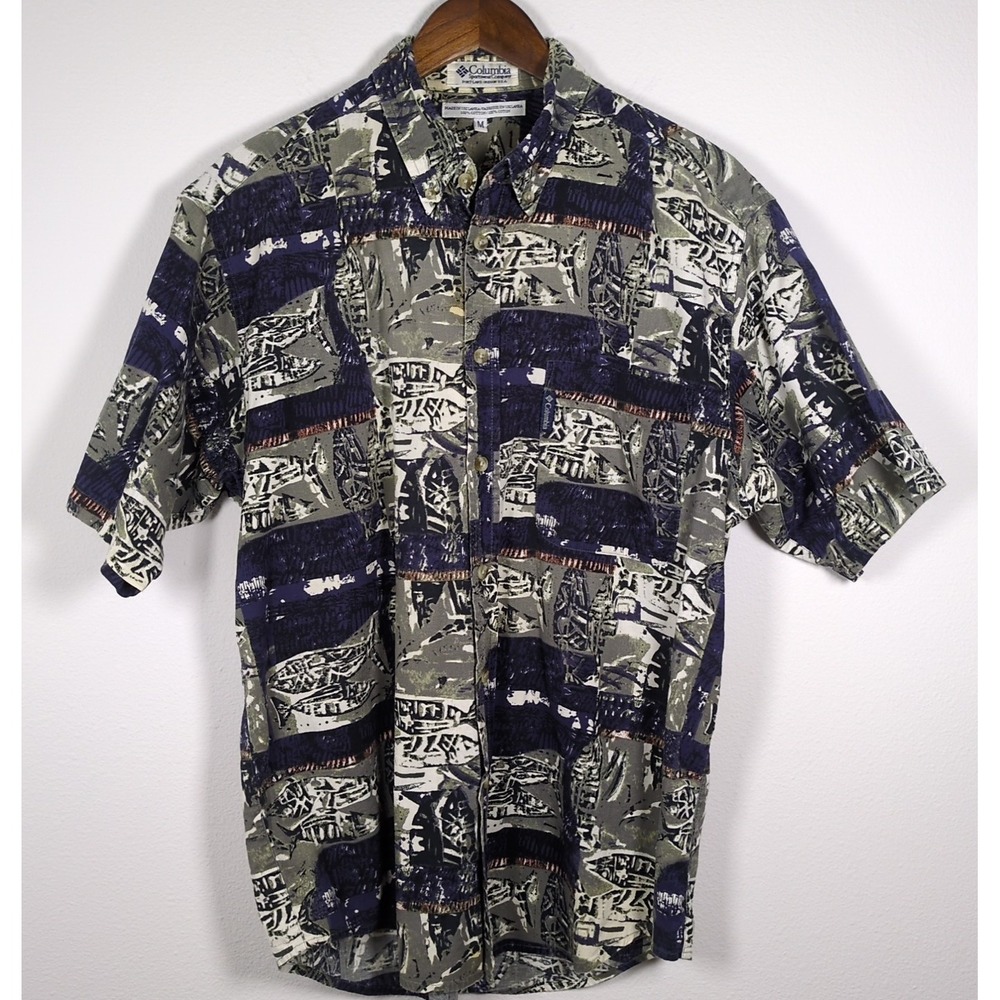 Vintage 90's Columbia‎ Mens Button Down Fish All Over Hawaiian Sz Med Cotton